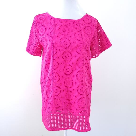NEW Monodoc Hot Pink Eyelet Overlay Tunic Top Small, Magenta, Short Sleeve Shirt - Picture 1 of 9
